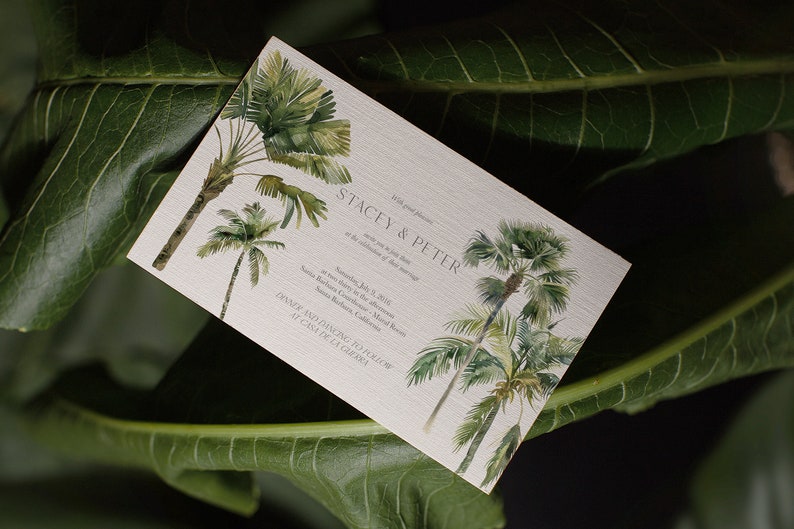 May include: A wedding invitation with a tropical theme. The invitation features a watercolor illustration of palm trees and the text "Stacy & Peter" in a simple, elegant font. The invitation is set against a white background.