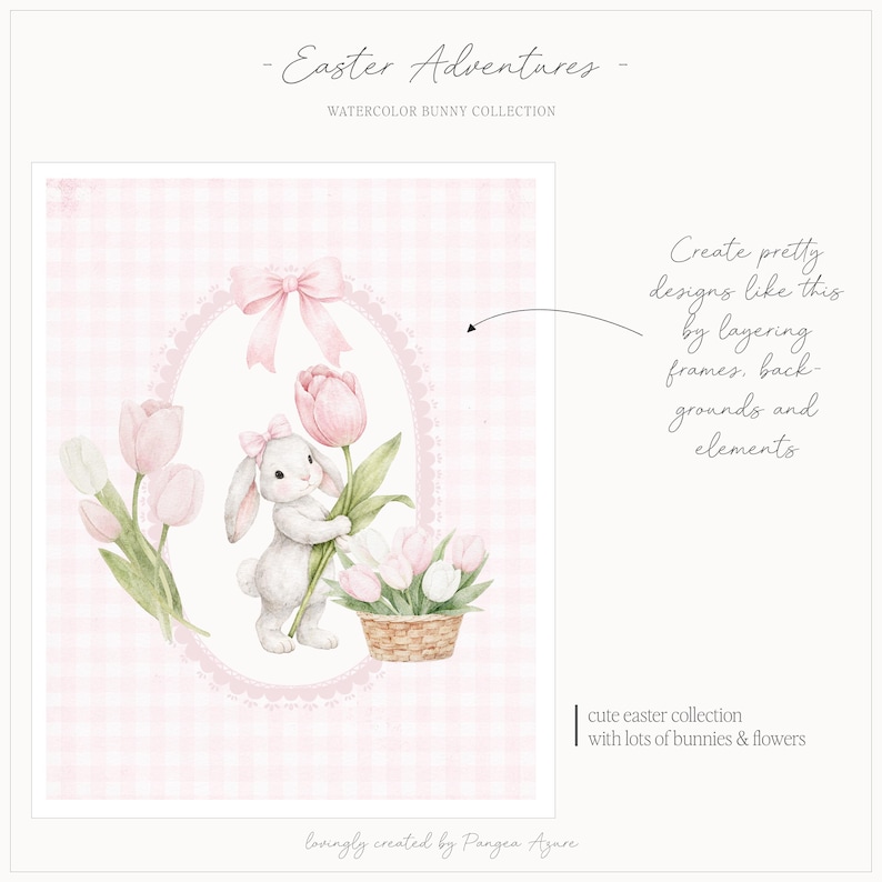 Op de afbeelding: Waterverfillustratie met een witte konijn die een roze tulp vasthoudt, omringd door andere tulpen en een bloemenmand. De afbeelding heeft een roze ruitjesachtergrond en de tekst "Easter Adventures" en "Watercolor Bunny Collection".