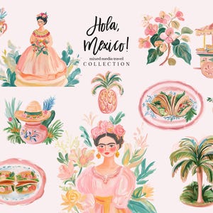 May include: A collection of colourful illustrations inspired by Mexican culture. The illustrations include a woman wearing a pink dress, a pineapple, a taco platter, a flower, a palm tree, a food cart, a sign that says "Mexico", and a pot with a hat on top.