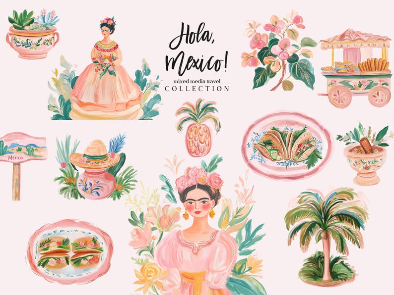 May include: A collection of colourful illustrations inspired by Mexican culture. The illustrations include a woman wearing a pink dress, a pineapple, a taco platter, a flower, a palm tree, a food cart, a sign that says "Mexico", and a pot with a hat on top.