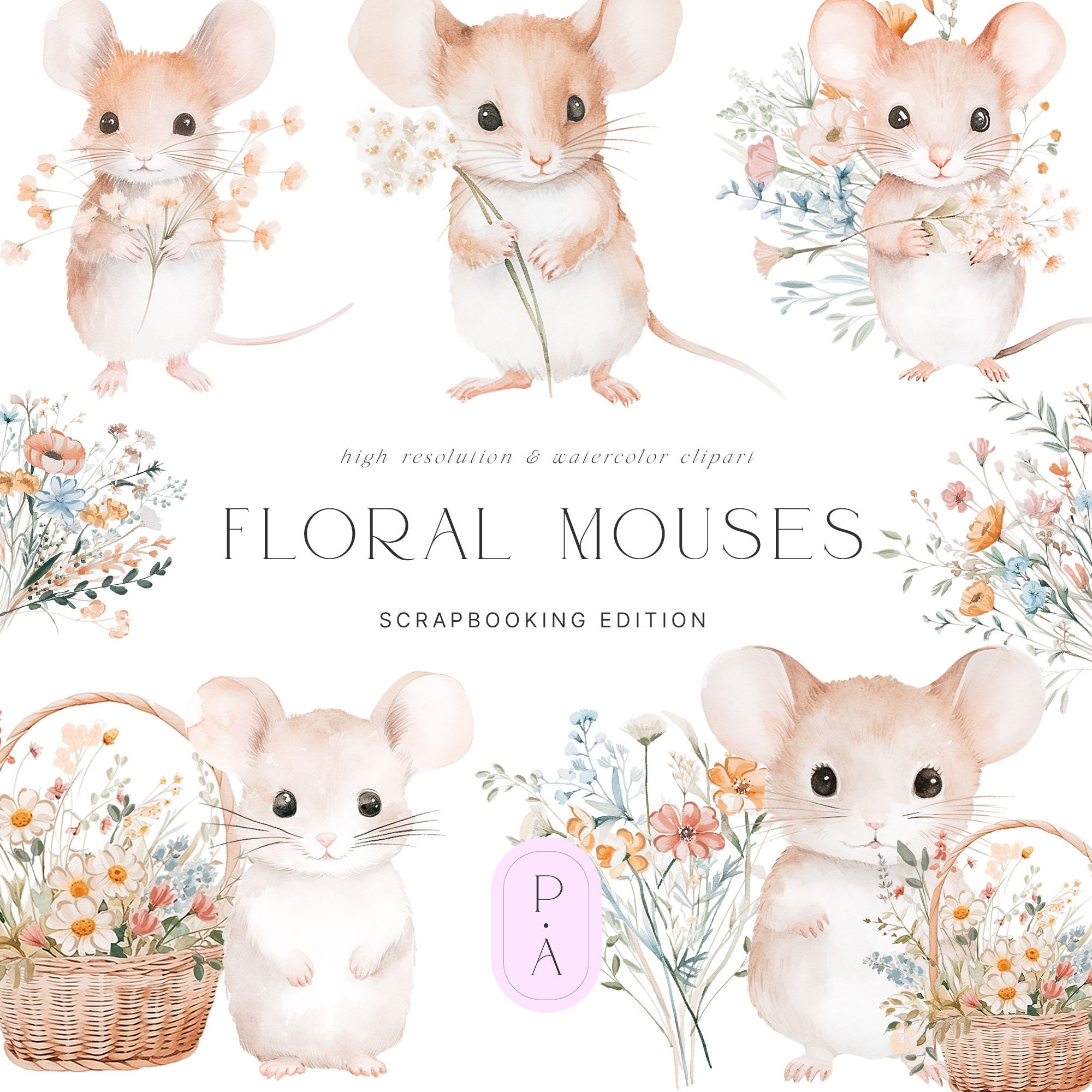 Spring Floral Mouse Clipart Watercolor Floral Mouse Watercolor Cute ...