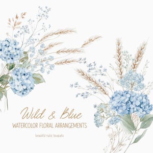 Aquarell Boho Blaue Wildblumen - Staubige Blaue Blumensträuße - Staubige Blaue Arranegments - Wilde Blume Clipart
