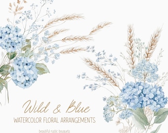 Aquarel boho blauwe wilde bloemen - stoffige blauwe bloemenboeketten - stoffige blauwe arrangementen - clipart wilde bloemen
