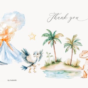 May include: Watercolor illustration featuring a volcano, dinosaurs, palm trees, and a star. The text "Thank you" is written in cursive. The image has a light, airy feel, perfect for children's decor or invitations.