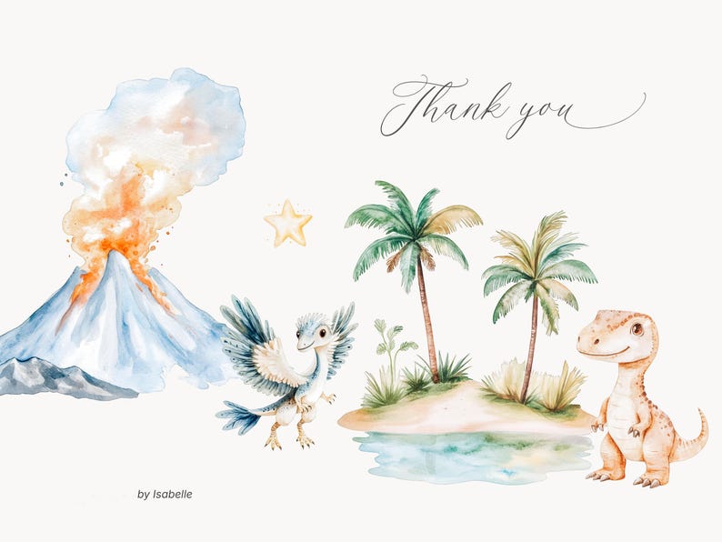 May include: Watercolor illustration featuring a volcano, dinosaurs, palm trees, and a star. The text "Thank you" is written in cursive. The image has a light, airy feel, perfect for children's decor or invitations.