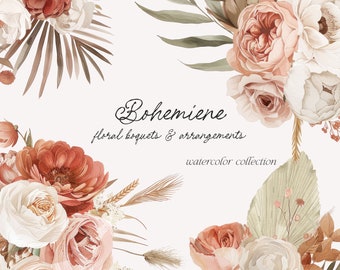 Bohemian Watercolor Floral Arrangements - Boho Floral Bouquets - Dried Wheats - Dried Bohemian Plants - Roses