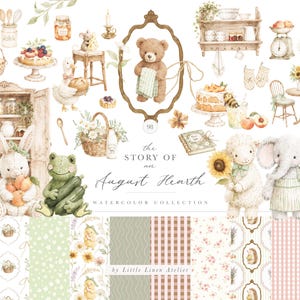 May include: A digital collection of watercolor illustrations featuring anthropomorphic animals, kitchenware, and food items. The text reads The Story of an August Hearth Watercolor Collection by Little Linen Atelier. Includes patterns and various cottage-themed motifs.