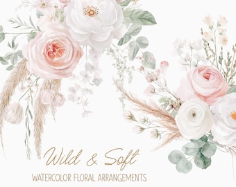 Aquarell Boho Blush Blumen Clipart - Boho Blush Blumen - Rustikale Blush Aquarell Clipart Sammlung - Boho Clipart - Boho Hochzeit