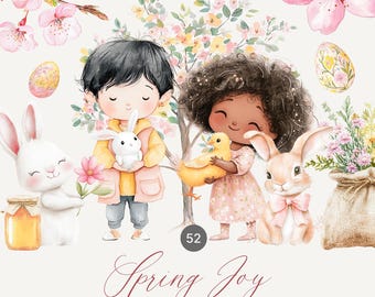 May include: Watercolor illustration featuring two children, bunnies, a chick, and floral elements. The image includes the text "Spring Joy" and "cute watercolor collection". The color palette includes soft pinks, yellows, and greens.