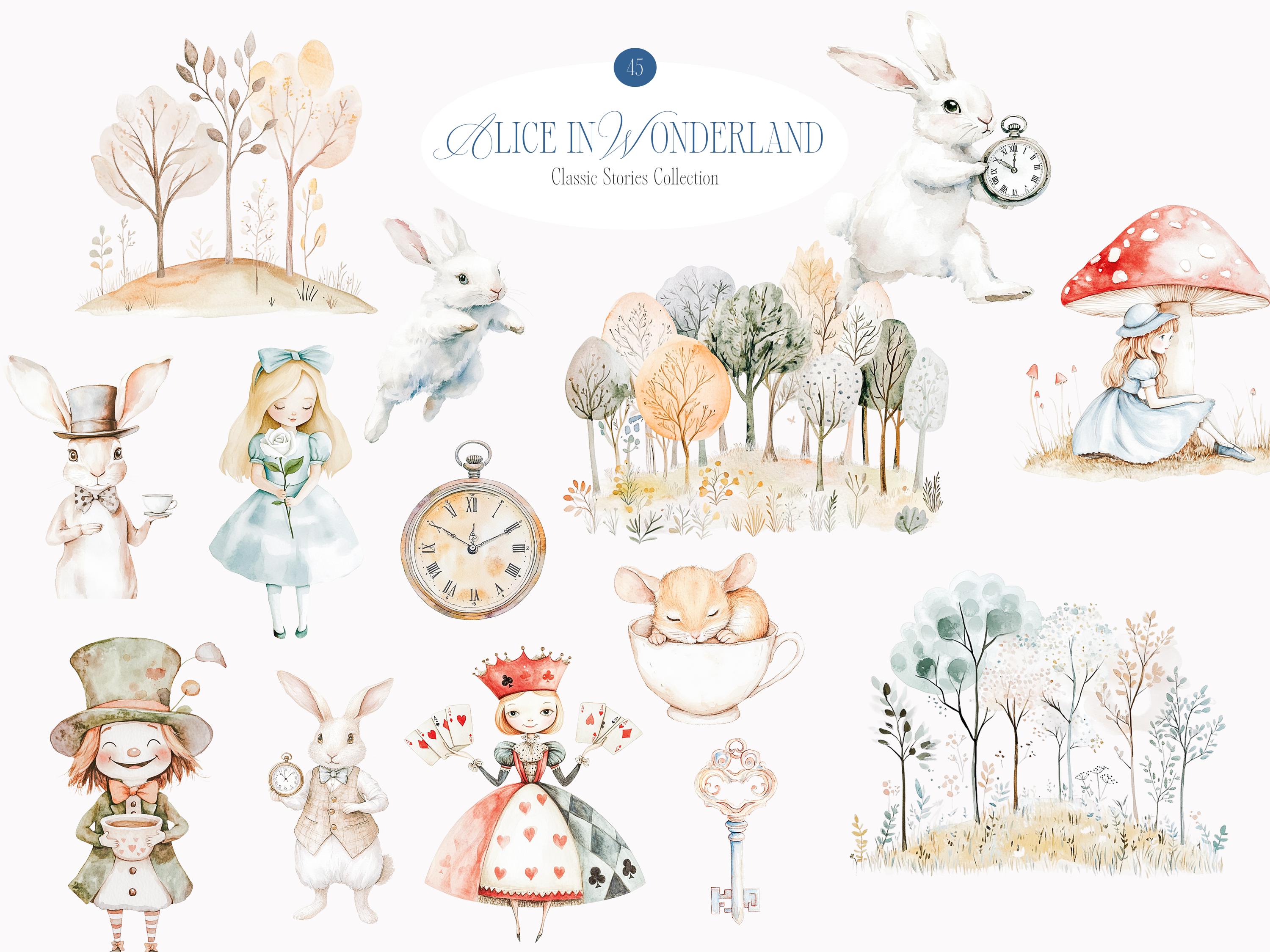 Watercolor Cute Alice in Wonderland Clipart Collection - Classic Story ...