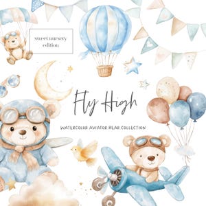 Schattige vliegerbeer clipart - aquarel vliegtuigen - kinderkamer clipart - vliegtuig beren - beer clipart - stoffig blauw - onbeperkte verkooplicentie