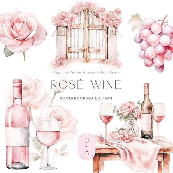 Rose Wine Clipart - Rose Grapes - Wine Clipart - Wine Lovers - Scrapbooking - Digital Stickers - Watercolor - Pale Rose - Stylish