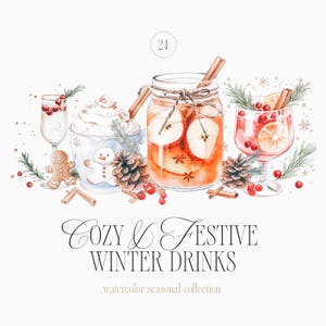 Collezione di Clipart di bevande invernali accoglienti con acquerello - Bevande invernali festive - Cocktail invernali - Clipart di acquerelli accoglienti