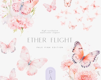 May include: Watercolour illustration of pink butterflies with delicate wings, surrounded by pink flowers. The text "ETHER FLIGHT PALE PINK EDITION" is written in a modern font.