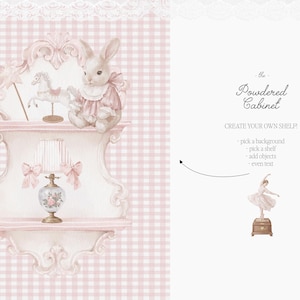Pode incluir: Ilustra&ccedil;&atilde;o em aquarela de uma prateleira rosa e branca com um coelho, um cavalo de baloi&ccedil;o e uma l&acirc;mpada. A prateleira est&aacute; sobre um fundo xadrez rosa. O texto diz "The Powdered Cabinet" e "Create Your Own Shelf".