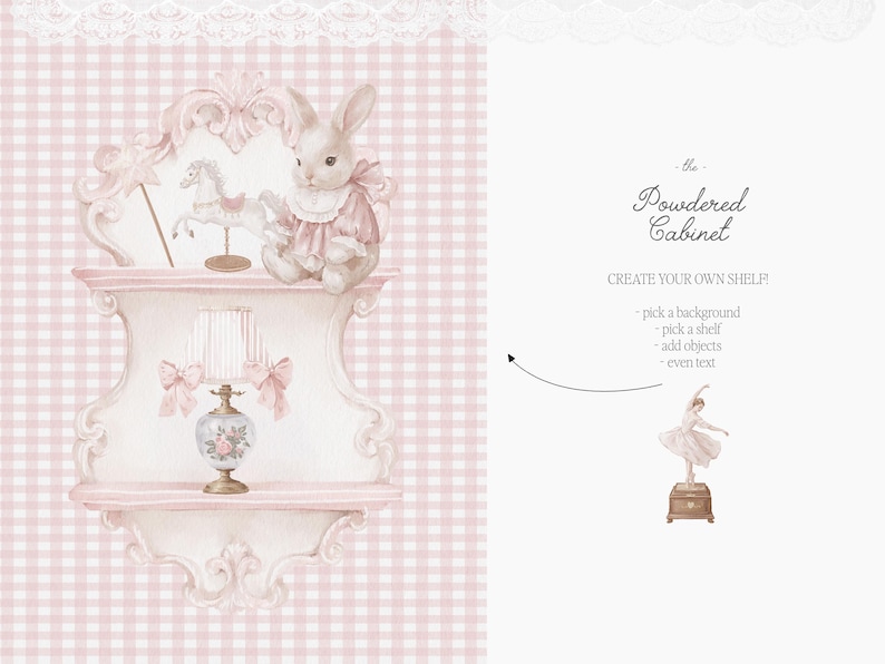 Pode incluir: Ilustra&ccedil;&atilde;o em aquarela de uma prateleira rosa e branca com um coelho, um cavalo de baloi&ccedil;o e uma l&acirc;mpada. A prateleira est&aacute; sobre um fundo xadrez rosa. O texto diz "The Powdered Cabinet" e "Create Your Own Shelf".