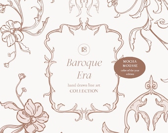 Barocktidens mockamousse linjekonstsamling - Rokoko linjekonst - Barock vintage clipart - Mockamousse - Vintage blommig linjekonst