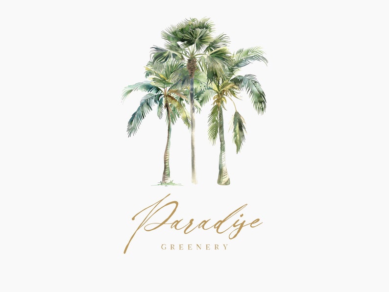 May include: Watercolor painting of three palm trees with green leaves and brown trunks. The text "Paradise Greenery" is written in cursive below the trees.
