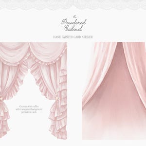 Pode incluir: Ilustra&ccedil;&atilde;o em aquarela de uma cortina rosa com babados e fundo transparente. O texto "the Powdered Cabinet HAND PAINTED CARD ATELIER" est&aacute; no topo. O texto "Courtain with ruffles with transparent background perfect for cards" est&aacute; &agrave; esquerda.