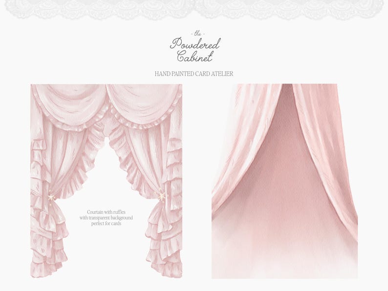 Pode incluir: Ilustra&ccedil;&atilde;o em aquarela de uma cortina rosa com babados e fundo transparente. O texto "the Powdered Cabinet HAND PAINTED CARD ATELIER" est&aacute; no topo. O texto "Courtain with ruffles with transparent background perfect for cards" est&aacute; &agrave; esquerda.