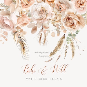 Bouquet floreali Boho - Arrangiamenti Boho - Fiori Boho - Clipart acquerello - Clipart Boho - Rose e grani acquerello