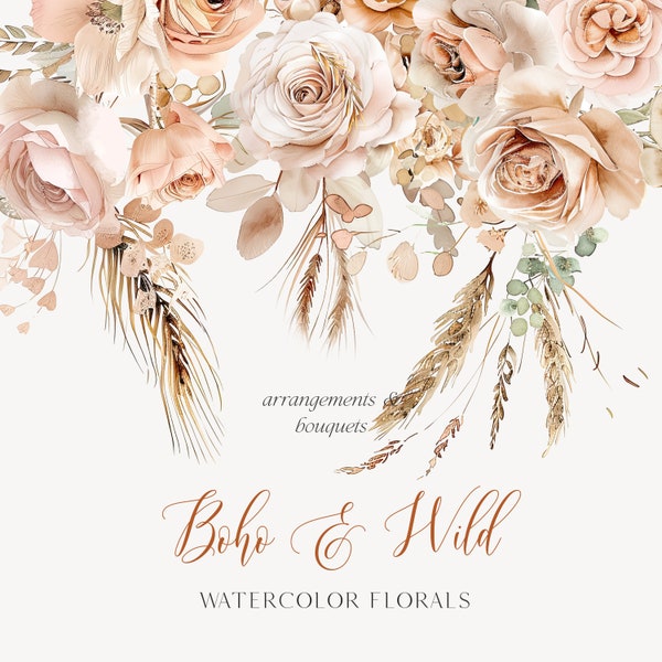 Bohemian Floral Bouquets - Boho Arrangements - Bohemian Flowers - Watercolor Clipart - Boho Clipart - Watercolor Roses and Wheats