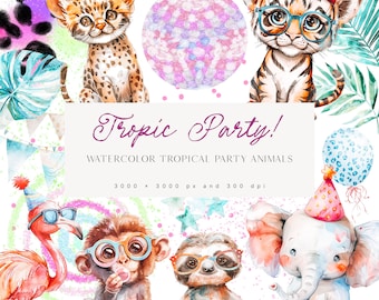 Könnte beinhalten: Aquarell-Illustration von tropischen Partytieren. Ein Tiger, ein Elefant, ein Faultier, ein Affe und ein Ozelot tragen Partyhüte und Brillen. Der Text "Tropic Party! Watercolor Tropical Party Animals 3000 x 3000 px and 300 dpi" befindet sich am unteren Rand des Bildes.