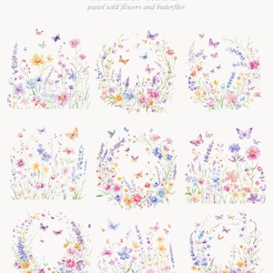 May include: Nine watercolour illustrations of pastel wildflowers and butterflies. The illustrations are arranged in a grid of three rows and three columns. Each illustration features a circular wreath of flowers with butterflies flying around it.