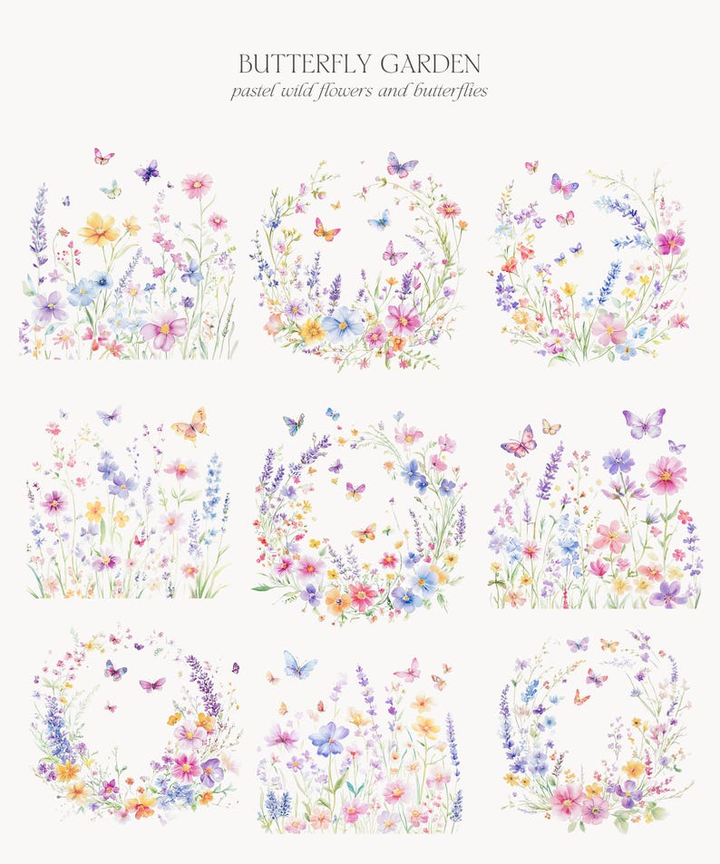 May include: Nine watercolour illustrations of pastel wildflowers and butterflies. The illustrations are arranged in a grid of three rows and three columns. Each illustration features a circular wreath of flowers with butterflies flying around it.