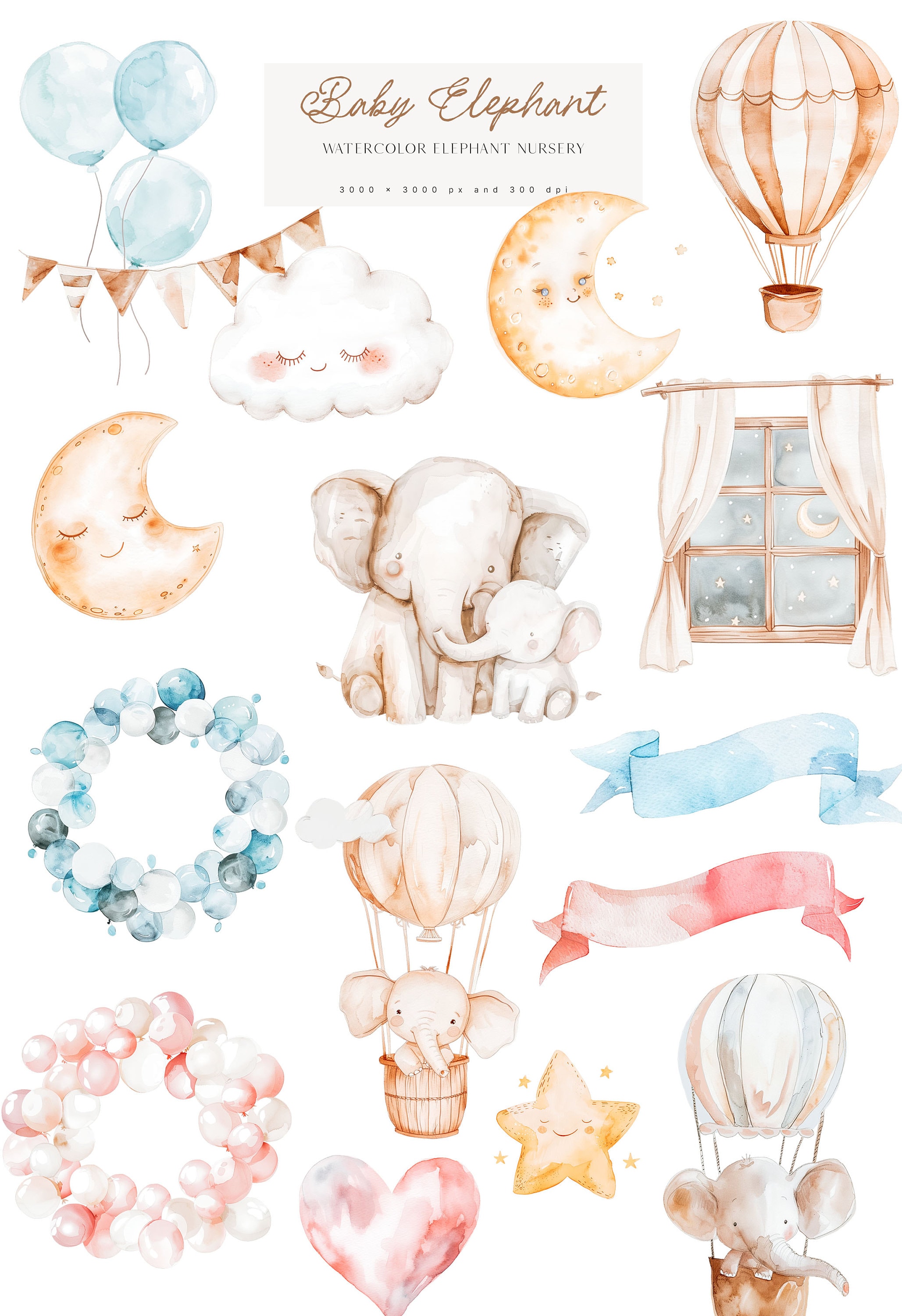 Baby Elephant Clipart Set - Watercolor Elephants - Elephant Nursery ...