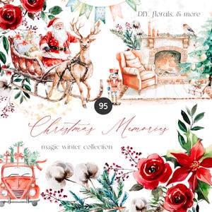 Clipart aquarela de Natal - Florais de Natal - Elementos florais - Flocos de neve dourados - Coleção mágica de inverno - Licença de vendas ilimitada