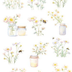 May include: Watercolor illustration of white flowers in glass jars with honey and bees. The text "Honey Spring" and "Honey Bees Edition" is written in the image.