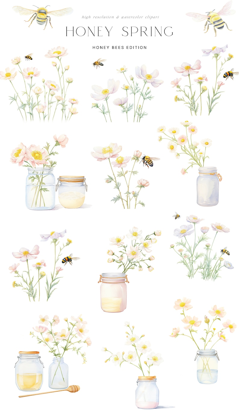 May include: Watercolor illustration of white flowers in glass jars with honey and bees. The text "Honey Spring" and "Honey Bees Edition" is written in the image.