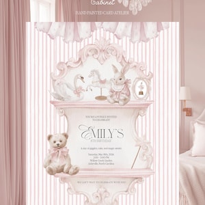 Pode incluir: Um convite de anivers&aacute;rio rosa e branco com o texto "Emily's 8th Birthday". O convite apresenta ilustra&ccedil;&otilde;es de um cisne, um cavalo de carrossel, um coelho e um ursinho de pel&uacute;cia. O texto "Powdered Cabinet" est&aacute; no topo.
