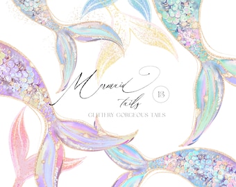 Watercolor Mermaid Tails with Glitter - Mermaid Clipart - Fish Tails - Mermaid Fin - Mermaid Collection