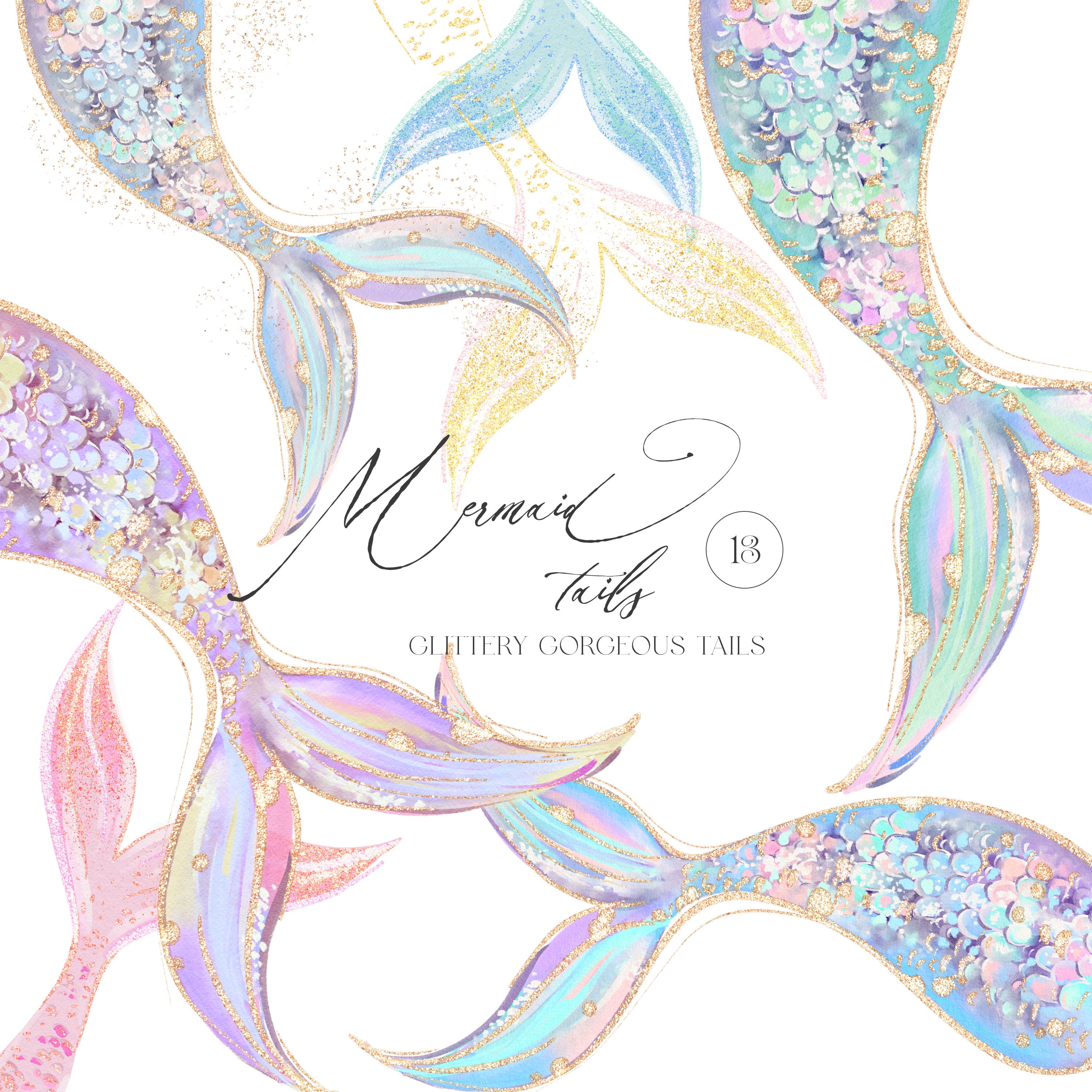Watercolor Mermaid Tails With Glitter - Mermaid Clipart - Fish Tails -  Mermaid Fin - Mermaid Collection - Etsy Israel, image size:3000x3000