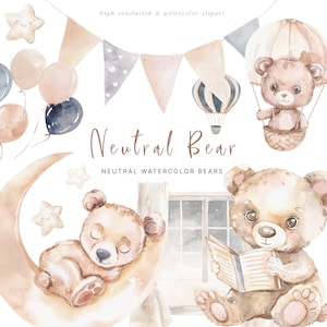 Neutrales Bären-Clipart-Set - Aquarell-Bären - Teddybären - Schläfrige Bären - Neutral-Babyparty-Clipart - Neutral - unbegrenzte Verkaufslizenz
