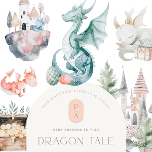 Aquarell Baby Drache Clipart - Aquarell Fantasy - Königreich Clipart - Süße Drachen Clipart - Kinderzimmer - Schloss - unbegrenzte erweiterte Lizenz