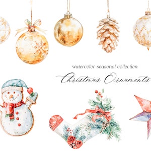 May include: Watercolor illustrations of Christmas ornaments, including a snowman, a stocking, a star, a pine cone, and various round ornaments with gold and white patterns. The text "watercolor seasonal collection Christmas Ornaments" is also included.