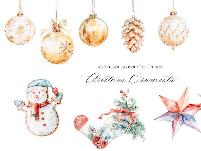 May include: Watercolor illustrations of Christmas ornaments, including a snowman, a stocking, a star, a pine cone, and various round ornaments with gold and white patterns. The text "watercolor seasonal collection Christmas Ornaments" is also included.