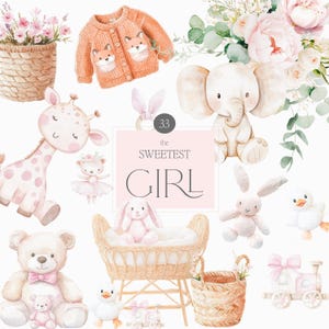 Aquarela Boho Bebê Menina Clipart - Brinquedos de Menina Clipart - Aquarela Berçário e Bebê Menina Clipart - Chá de Bebê
