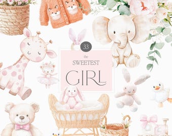 Watercolor Bohemian Baby Girl Clipart - Girl Toys Clipart - Watercolor Nursery and Baby Girl Clipart - Baby Shower