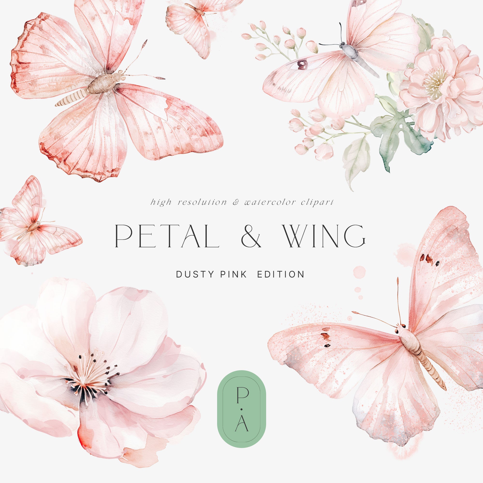 Watercolor Dusty Rose Butterflies Clipart Stickers Clipart Watercolor ...