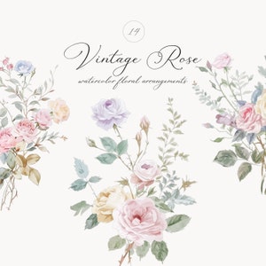 Clipart Rose vintage aquarelle - Clipart floral - clipart Style ancien - Collection de fleurs vintage - Arrangements roses pastel