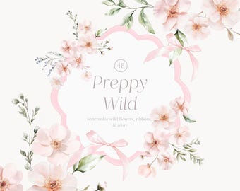 Preppy Watercolor Floral Clipart - Blush Wild Flowers - Preppy Frames Clipart - Pink Wild Flowers - Coquette Clipart - Pink Bows - Ribbons
