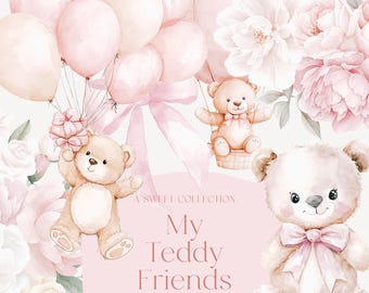 Aquarell Rosa Teddybär Sammlung - Teddy Bär Clipart - Mädchen Teddy Bär - Baby-Dusche Clipart
