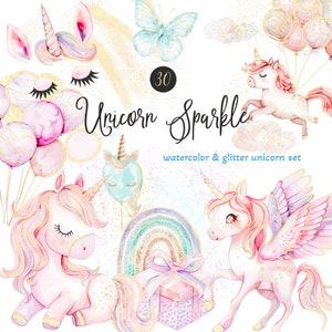 Einhörner & Glitzer-Clipart-Set - Einhorn-Party Clipart - Glitzer und Gold - Aquarell Einhörner - Clipart für Kinder - unlimitierte Verkaufslizenz