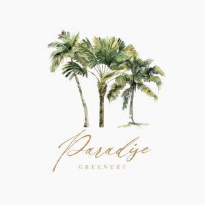 May include: Watercolor illustration of three palm trees with green leaves against a white background. The text "Paradise Greenery" is written in a cursive font below the trees.