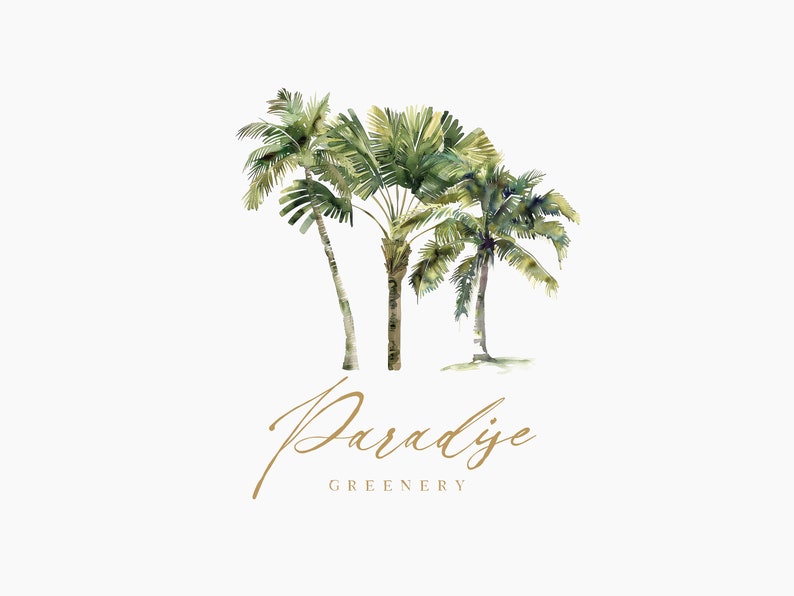 May include: Watercolor illustration of three palm trees with green leaves against a white background. The text "Paradise Greenery" is written in a cursive font below the trees.