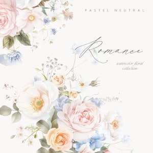 Aquarell Pastell Blumen Clipart - Blumenarrangements - Altblaue, hellrosa, weiße Blumen - Aquarell Pfingstrose und Rosen